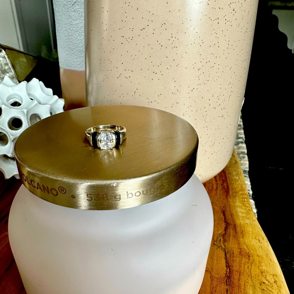 Black Enamel and Cubic Zirconia ring set in 925 Sterling Silver, Sz 7.